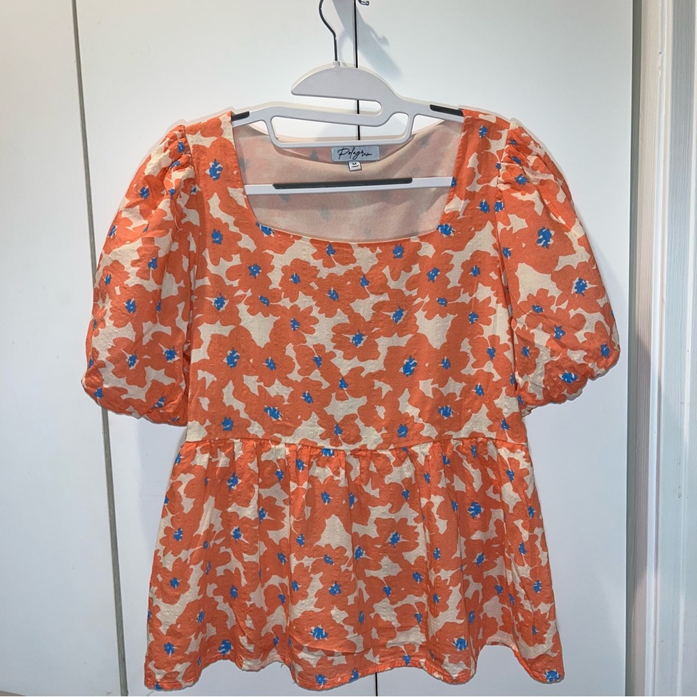 Polagram Orange Floral Women's boho  babydoll blouse puffy sleeves size medium
